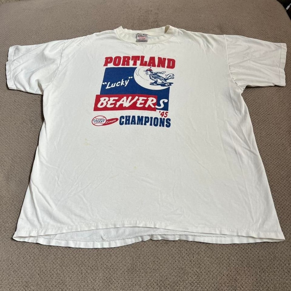 Vintage 1990s Portland Beavers Lucky 45 Champions T-Shirt Oneita XL White